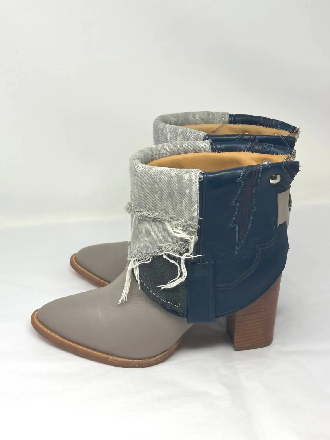 Women's Stitched Ankle Boots In Taupe, Grey Denim